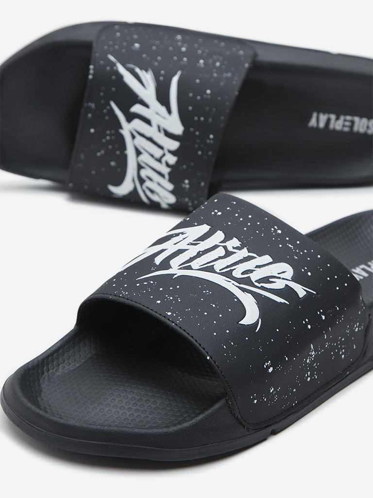 Westside SOLEPLAY Men's Black Text Design Slides for Casual Wear Zoomed View