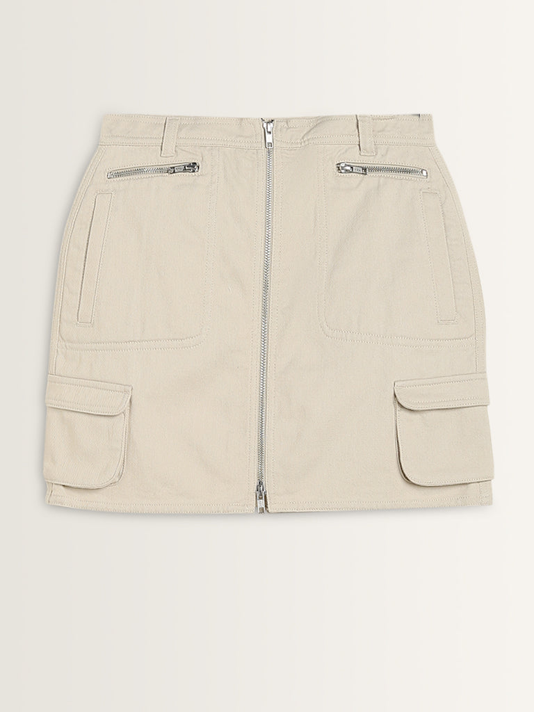 Nuon Beige Cargo-Style High-Rise Denim Skirt