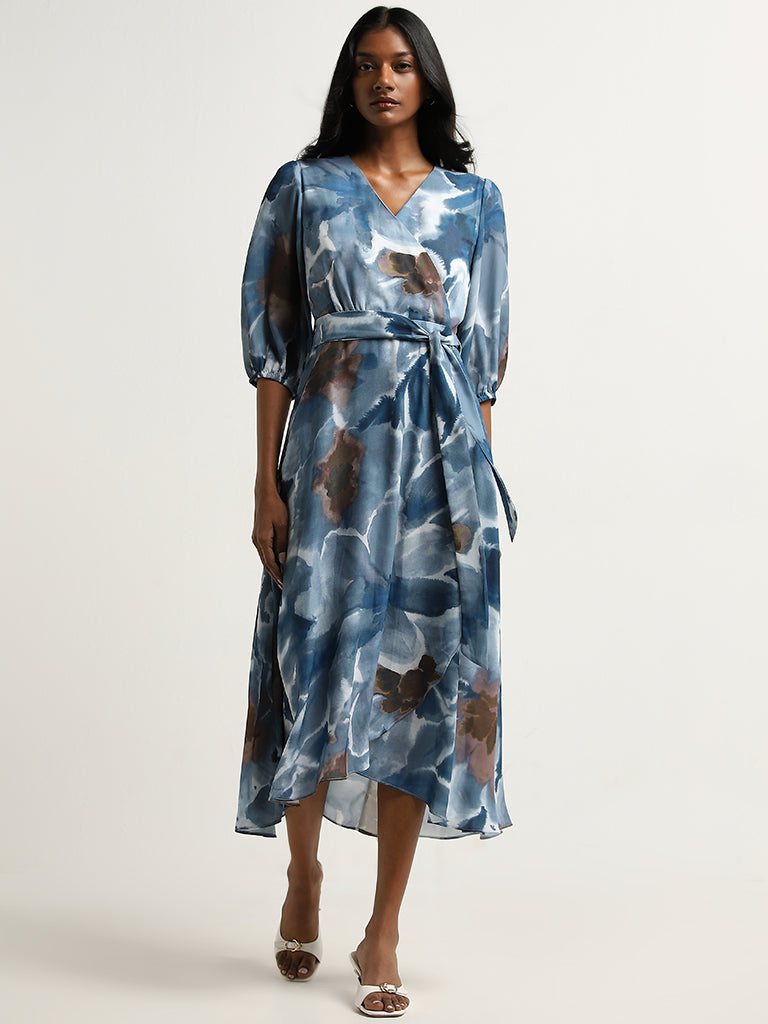 Dusty blue wrap dress deals