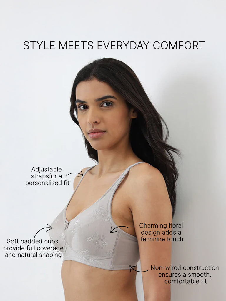 Wunderlove Light Grey Floral Print Padded Comfort Bra