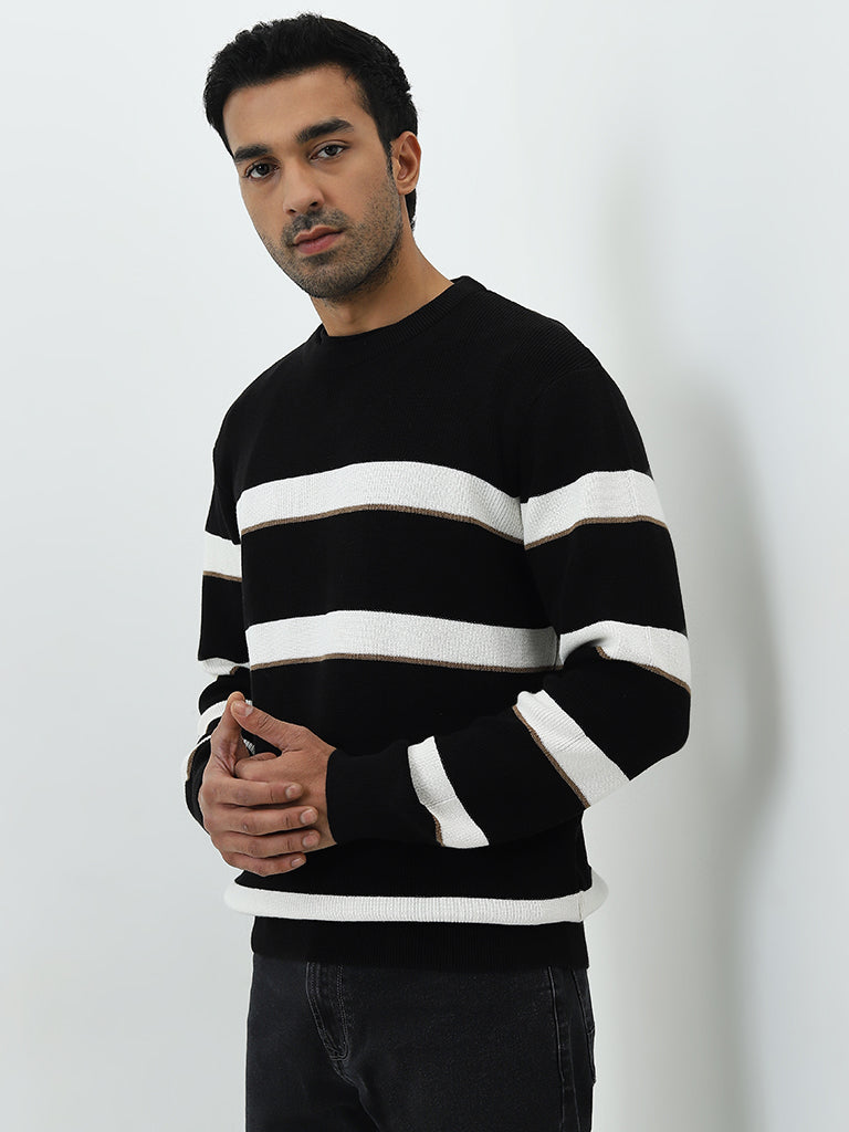 Westside Ascot Men's Black Stripe Printed Relaxed-Fit Cotton Sweater for Winter Wear Front View