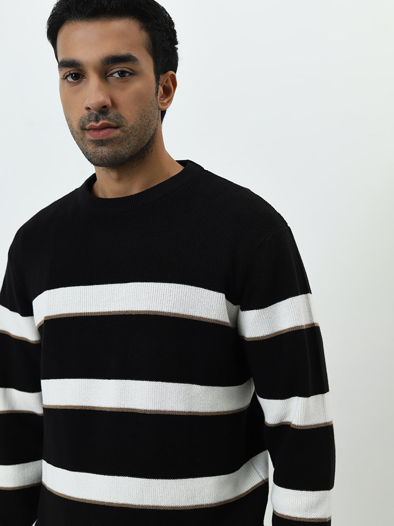 Westside Ascot Men's Black Stripe Printed Relaxed-Fit Cotton Sweater for Winter Wear Zoomed View