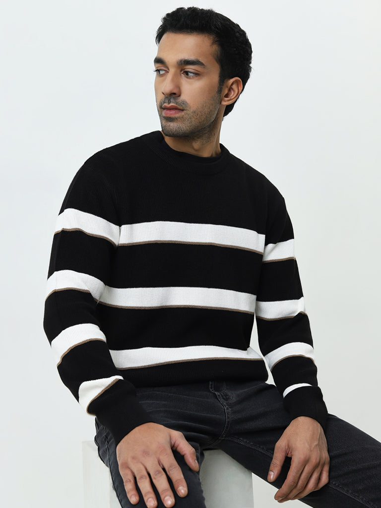 Westside Ascot Men's Black Stripe Printed Relaxed-Fit Cotton Sweater for Winter Wear Full View