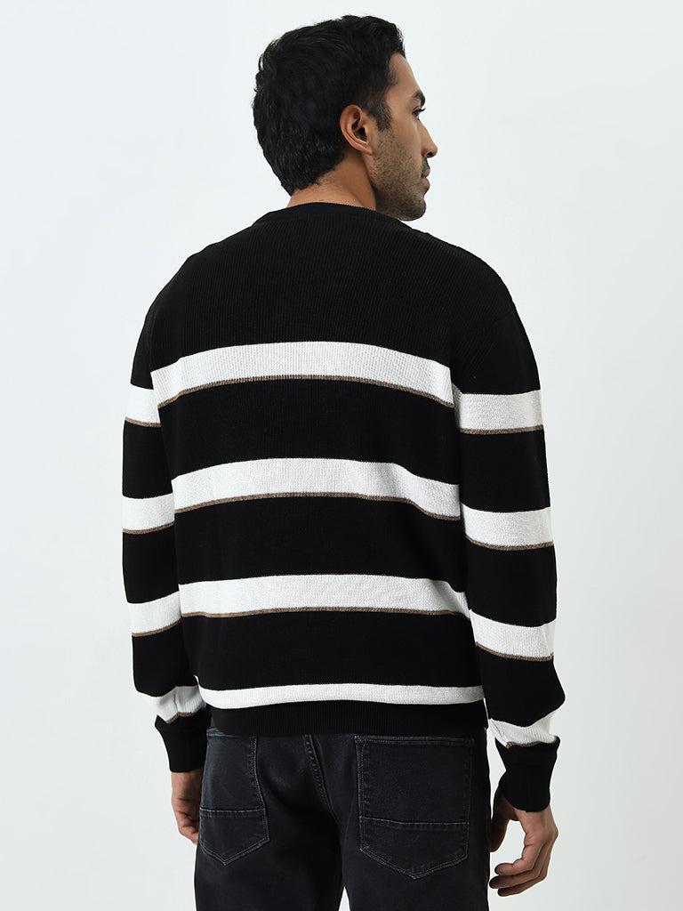Westside Ascot Men's Black Stripe Printed Relaxed-Fit Cotton Sweater for Winter Wear Back View
