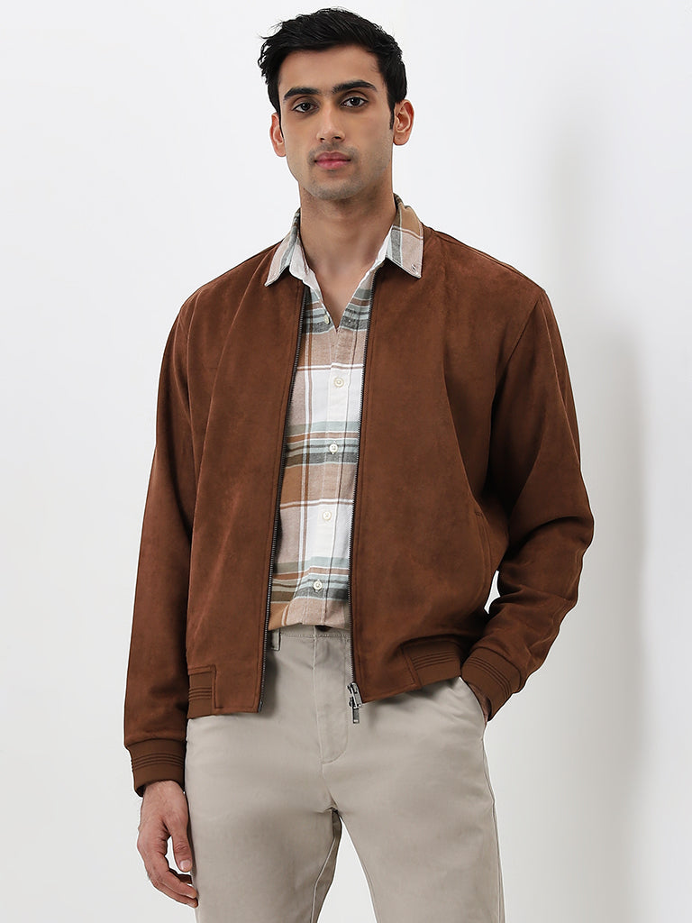 Westside Ascot Men's Brown Faux Suede Relaxed-Fit Bomber Jacket for Casual Wear Front View