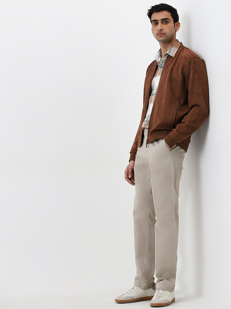 Westside Ascot Men's Brown Faux Suede Relaxed-Fit Bomber Jacket for Casual Wear Full View
