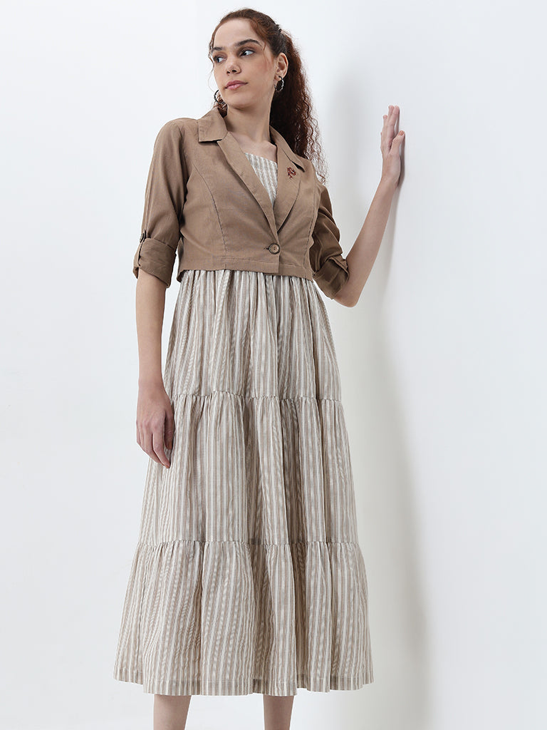 Buy Bombay Paisley Brown Tiered Cotton Blend Dress with Jacket