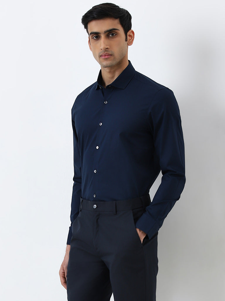 Westside WES Formals Men's Navy Solid Ultra Slim-Fit Cotton-Blend Shirt for Work Wear Front View