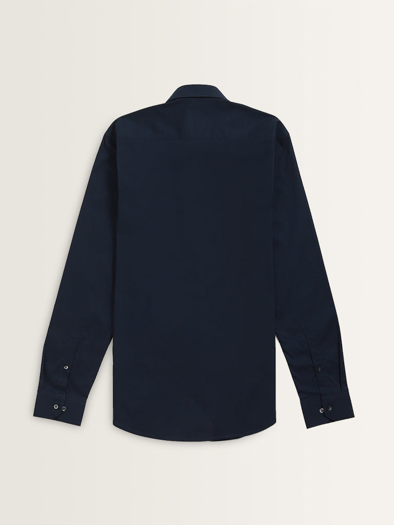 Westside WES Formals Men's Navy Solid Ultra Slim-Fit Cotton-Blend Shirt for Work Wear Flatly Back view