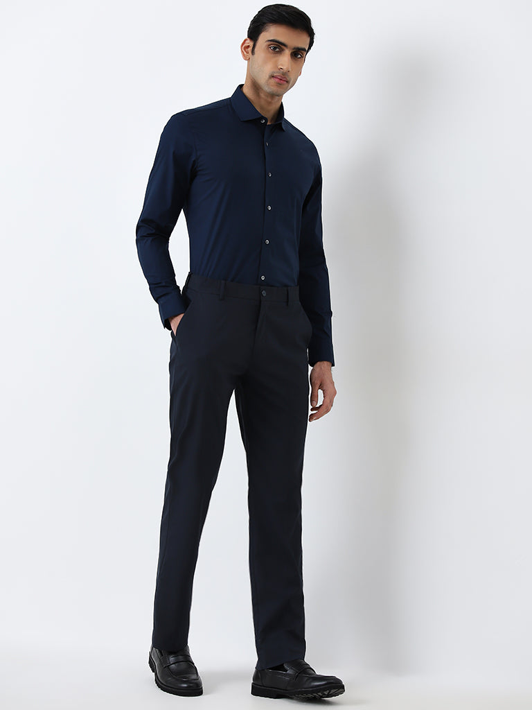 Westside WES Formals Men's Navy Solid Ultra Slim-Fit Cotton-Blend Shirt for Work Wear Full View
