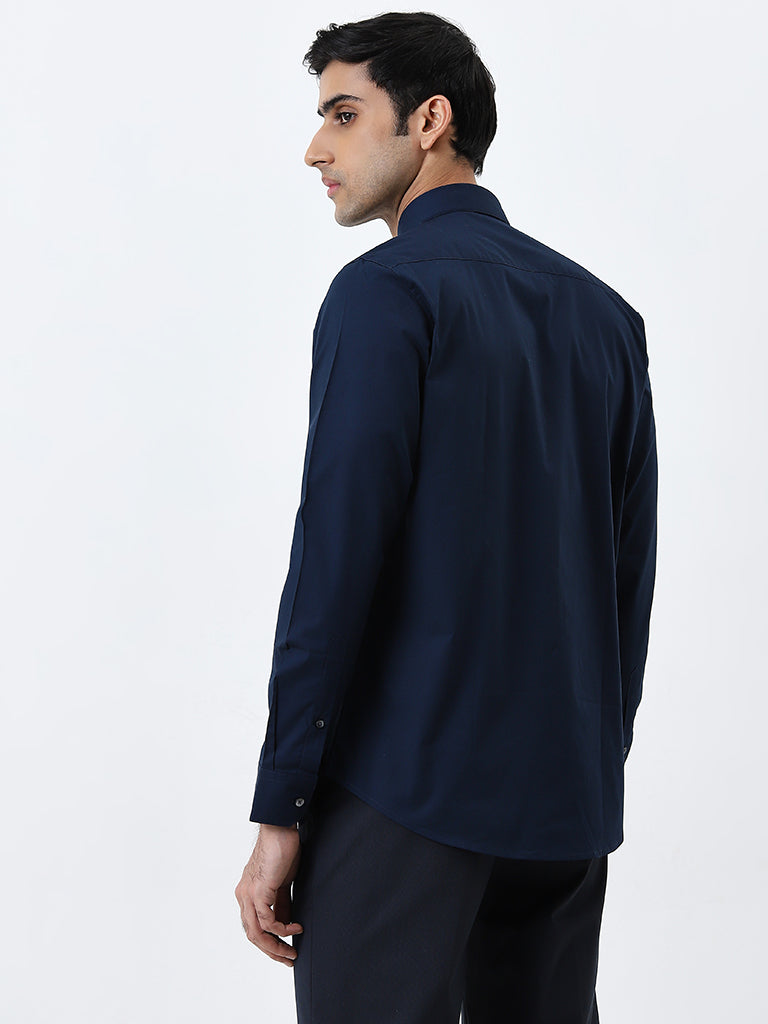 Westside WES Formals Men's Navy Solid Ultra Slim-Fit Cotton-Blend Shirt for Work Wear Back View