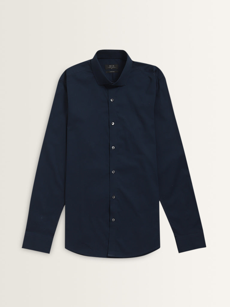 Westside WES Formals Men's Navy Solid Ultra Slim-Fit Cotton-Blend Shirt for Work Wear Flatly Front view