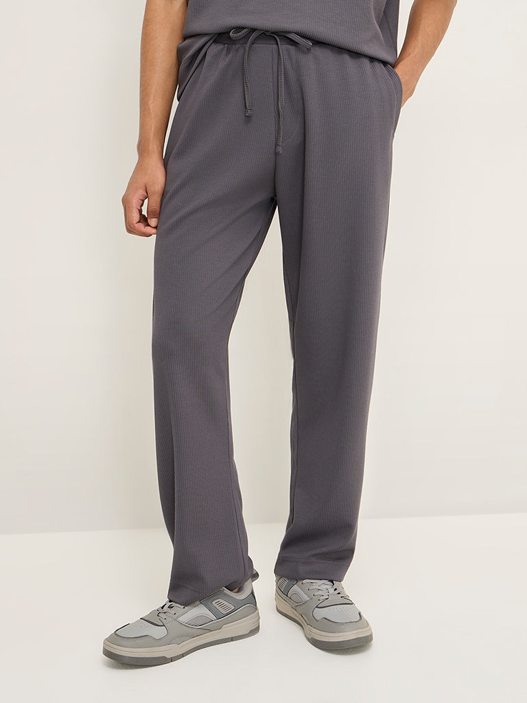 Studiofit Dark Grey Ribbed-Textured Relaxed-Fit Mid-Rise Track Pants