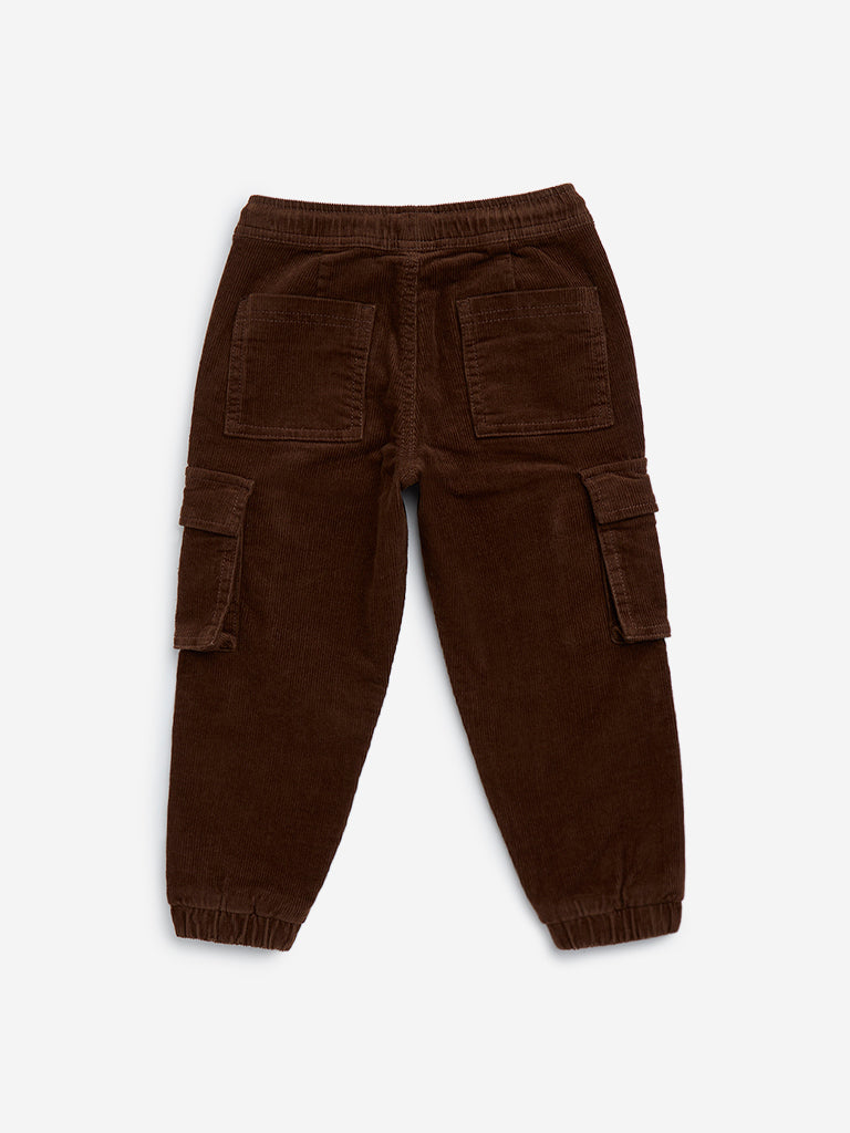 HOP Kids Brown Cargo-Style Corduroy Mid-Rise Cotton-Blend Joggers