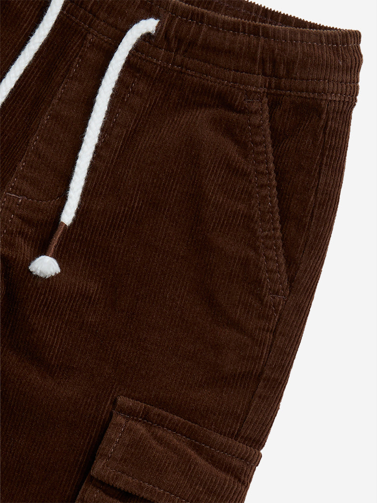 Westside HOP Kids Brown Cargo-Style Corduroy Mid-Rise Cotton-Blend Joggers for Casual Wear Zoomed View