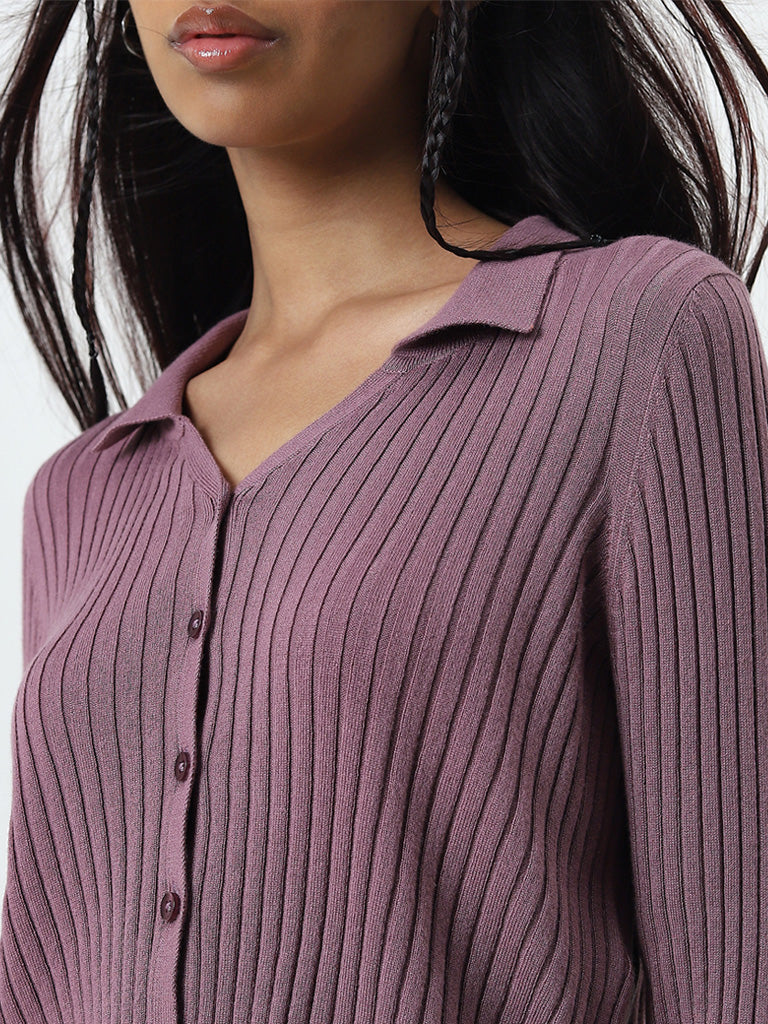 Nuon Mauve Ribbed-Textured Cotton-Blend Top