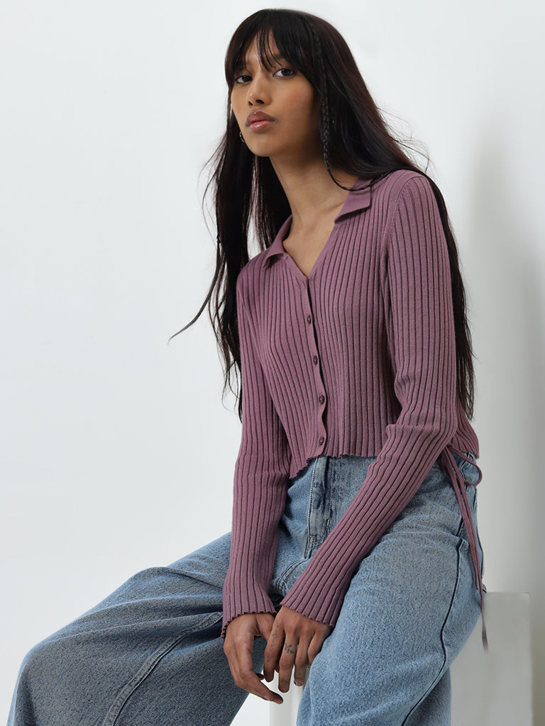 Nuon Mauve Ribbed-Textured Cotton-Blend Top