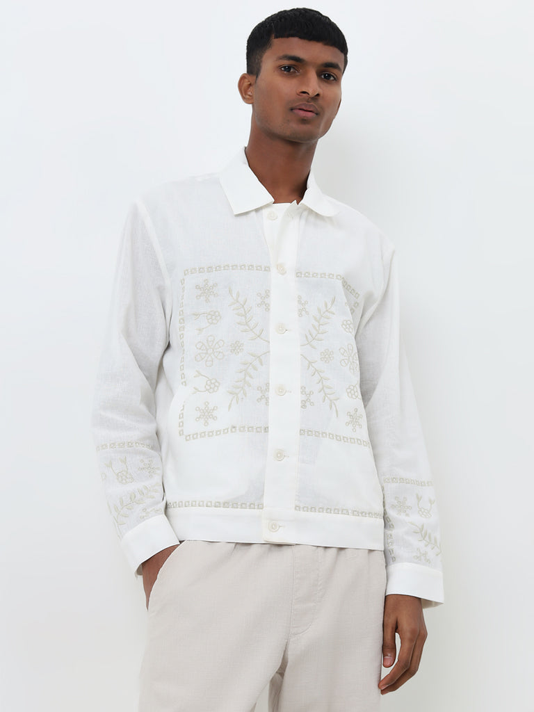 Westside ETA Men's White Floral Embroidered Relaxed-Fit Cotton-Blend Shirt for Casual Wear Front view