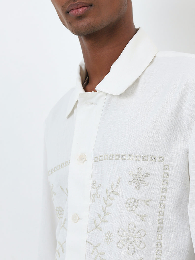 Westside ETA Men's White Floral Embroidered Relaxed-Fit Cotton-Blend Shirt for Casual Wear Zoomed View