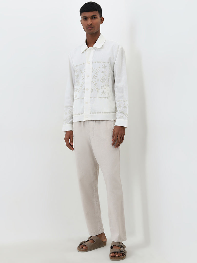 Westside ETA Men's White Floral Embroidered Relaxed-Fit Cotton-Blend Shirt for Casual Wear Full View