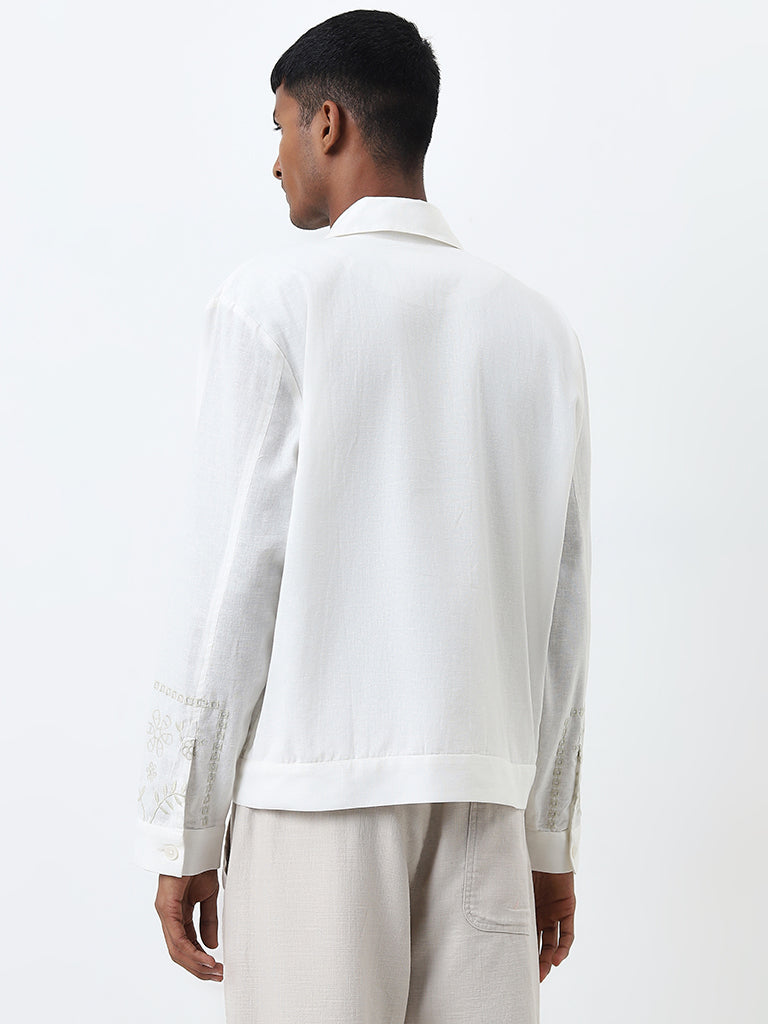 Westside ETA Men's White Floral Embroidered Relaxed-Fit Cotton-Blend Shirt for Casual Wear Back View