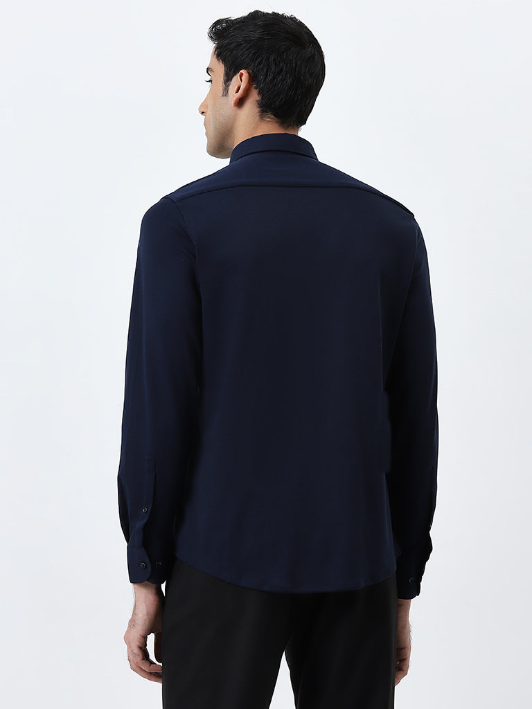 Westside WES Formals Men's Navy Slim-Fit Cotton-Blend Shirt for Work Wear Back View