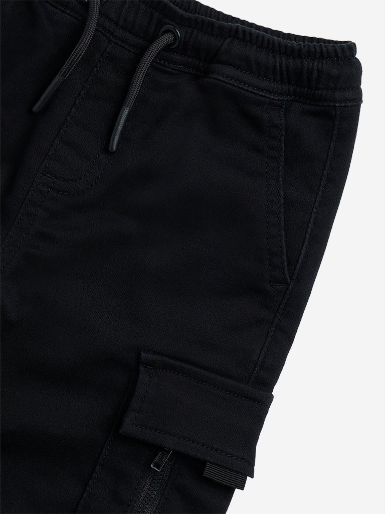 Westside HOP Kids Black Cargo-Style Mid-Rise Cotton-Blend Joggers for Casual Wear Zoomed View