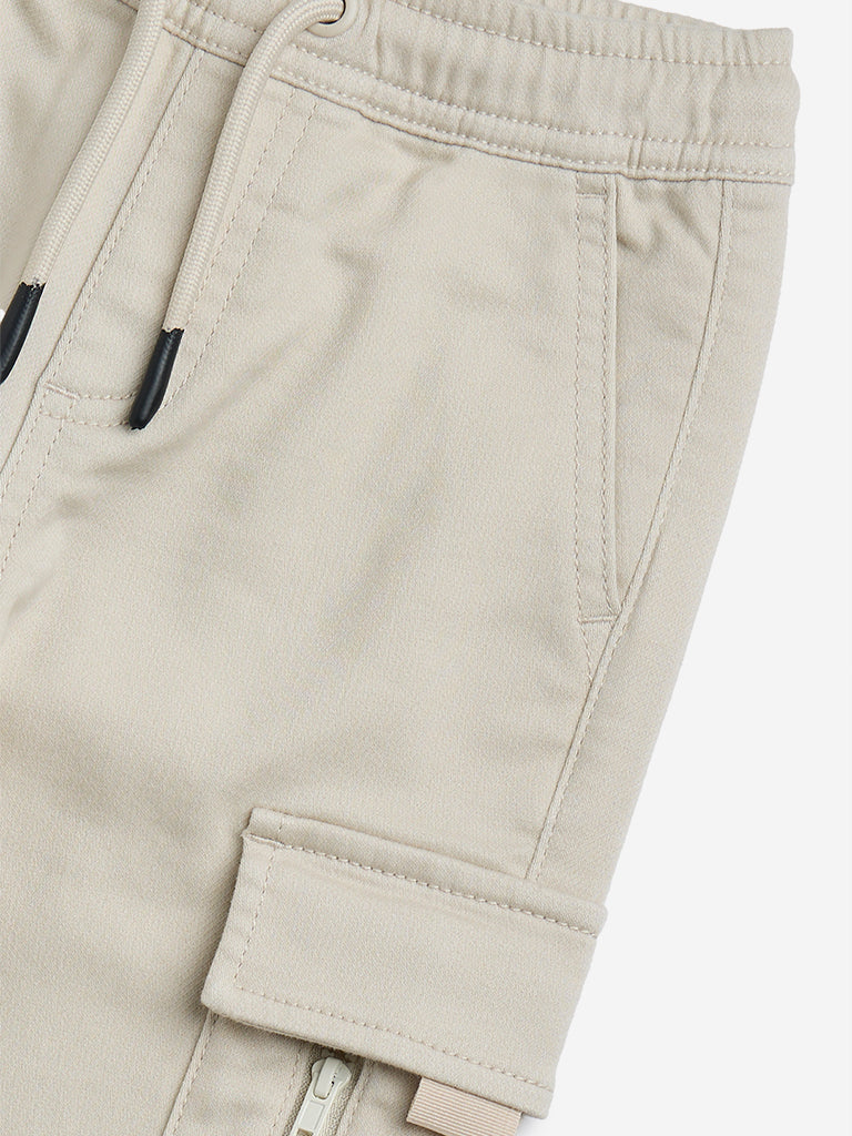 Westside HOP Kids Beige Cargo-Style Mid-Rise Cotton-Blend Joggers for Casual Wear Zoomed View