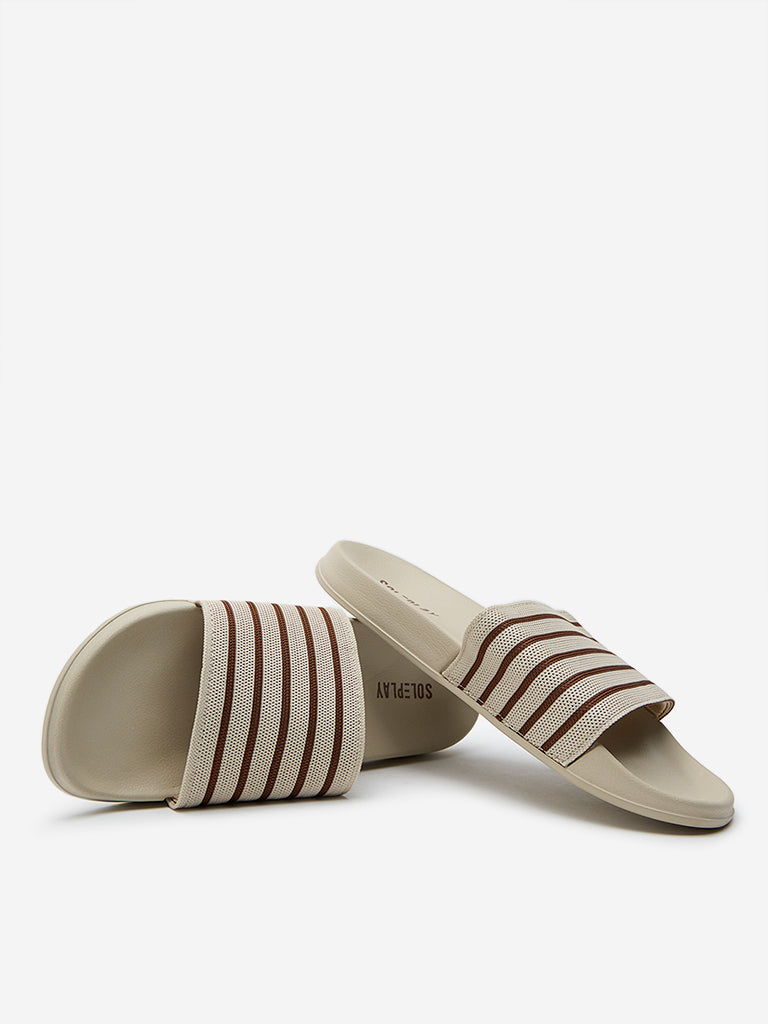 Westside SOLEPLAY Men's Beige Striped Slides for Casual Wear Zoomed View