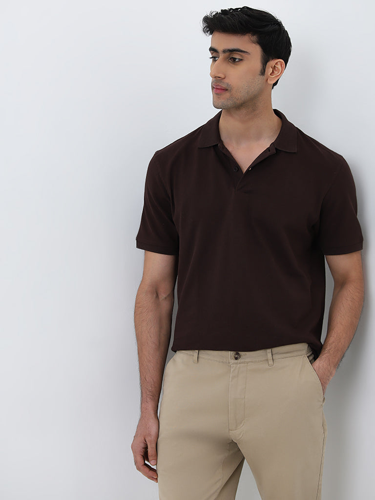 Westside WES Casuals Men's Brown Relaxed-Fit Cotton-Blend Polo T-Shirt for Casual Wear Front View