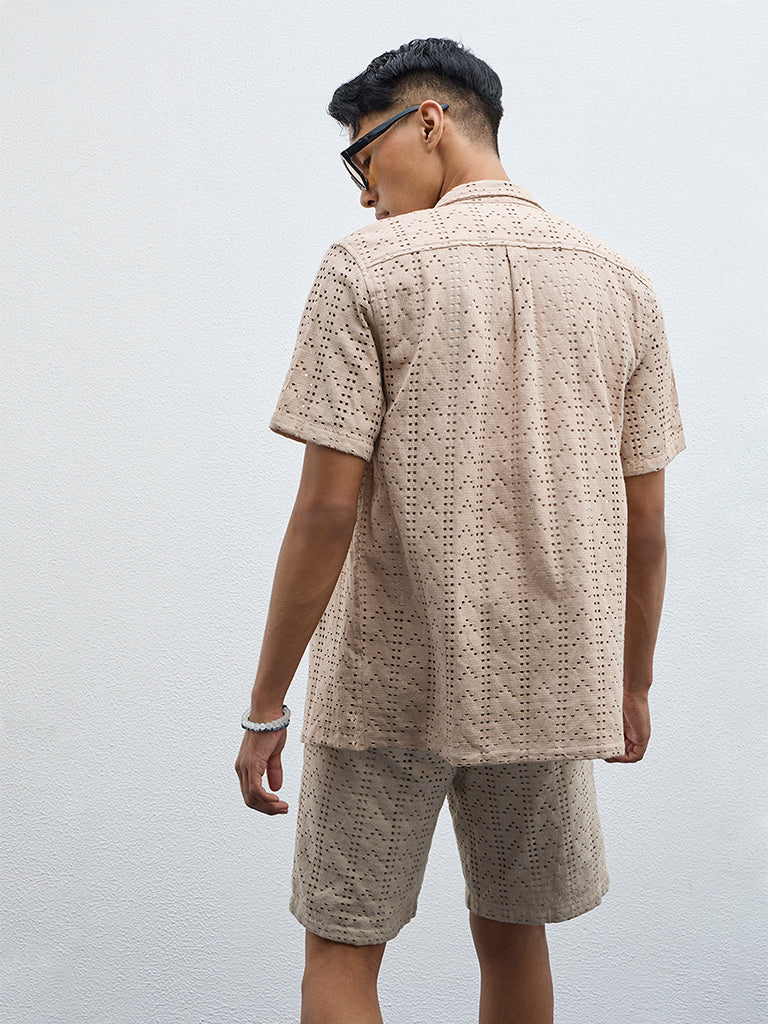 Westside ETA Men's Taupe Cut-Out Detailed Relaxed Fit Cotton-Blend Shirt for Casual Wear Back View
