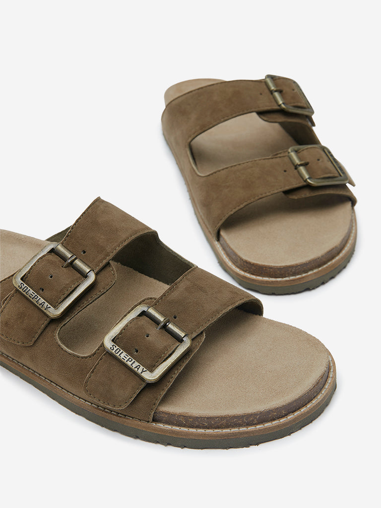 Westside SOLEPLAY Men's  Olive Dual-Strap Leather Sandals for Casual Wear Zoomed View