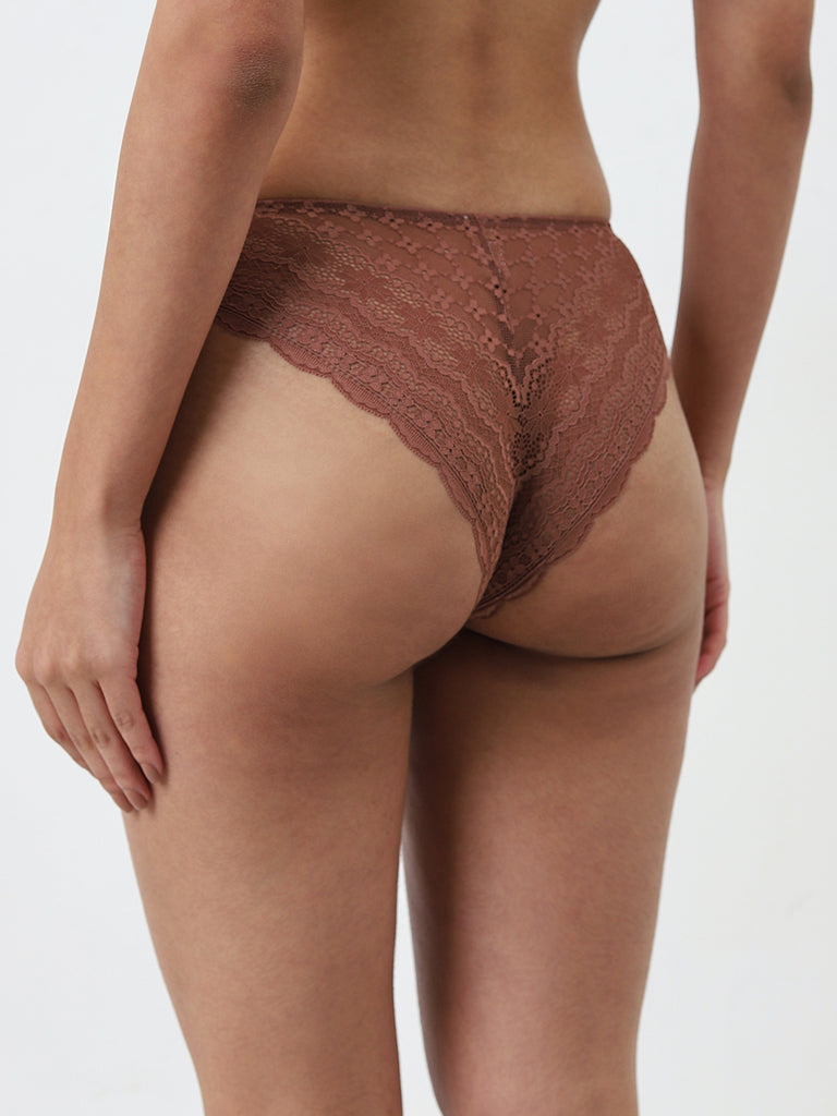 Wunderlove Light Brown Lace-Designed Brazilian Brief