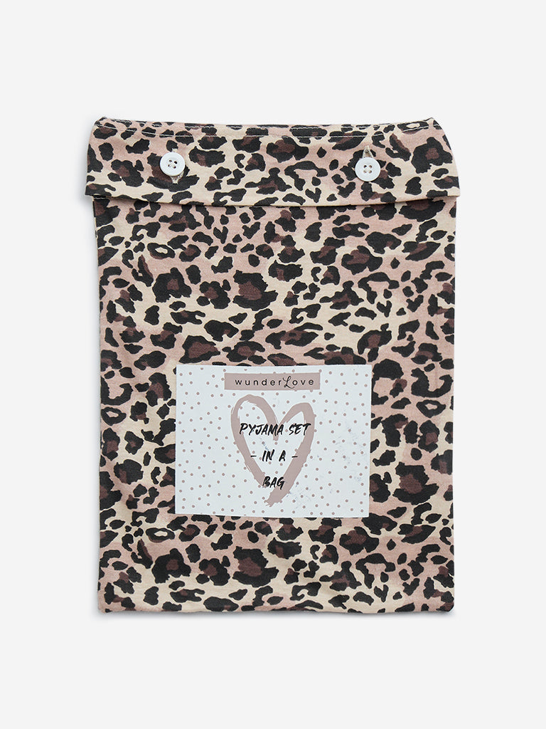 Wunderlove Beige Animal Printed Cotton Pyjamas Set in A Bag
