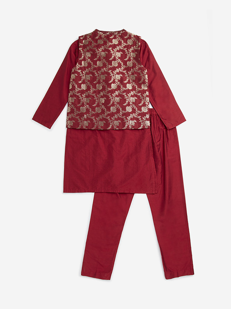 Westside Utsa Kids Red Floral Design Jacket, Kurta and Pants Set - (8 -14yrs) for Ethnic Wear Back View