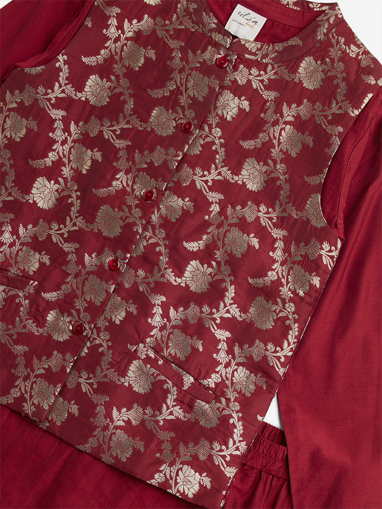 Westside Utsa Kids Red Floral Design Jacket, Kurta and Pants Set - (8 -14yrs) for Ethnic Wear Zoomed View