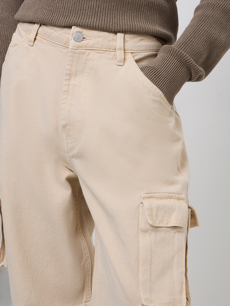 Nuon Beige Cargo-Style Relaxed-Fit Mid-Rise Jeans