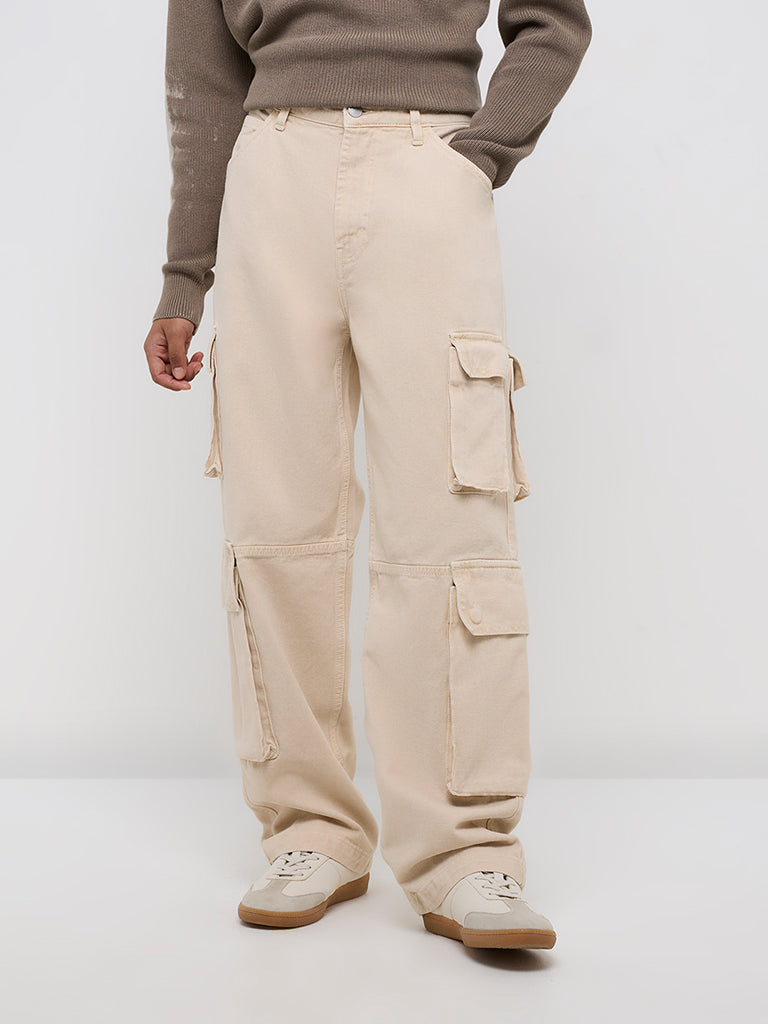 Nuon Beige Cargo-Style Relaxed-Fit Mid-Rise Jeans