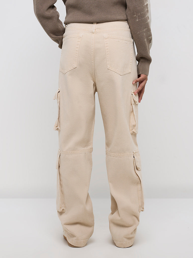 Nuon Beige Cargo-Style Relaxed-Fit Mid-Rise Jeans