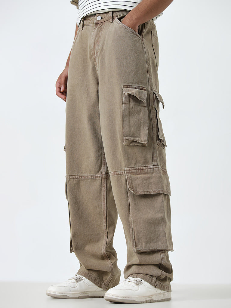 Nuon Taupe Relaxed-Fit Mid-Rise Cargo Jeans