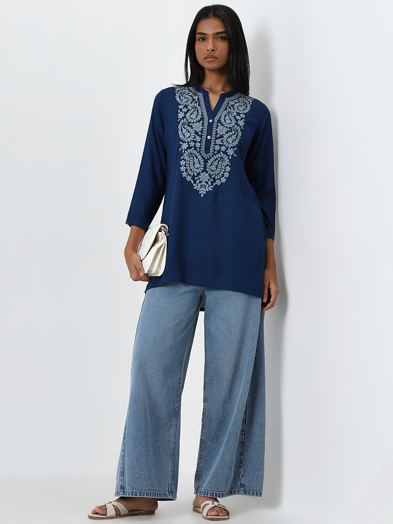 Buy Utsa Dark Blue Paisley Embroidered High Low Kurti from Westside