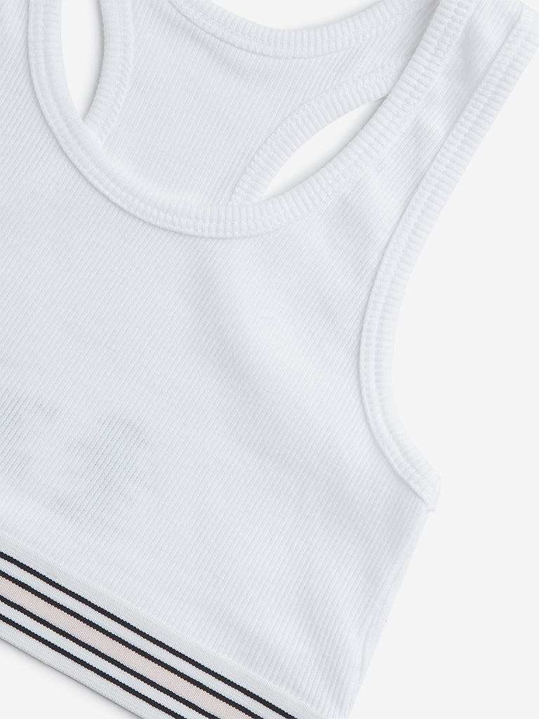 Westside Y&F Girl's White Ribbed Cotton Blend Crop Top for Casual Wear Zoomed View