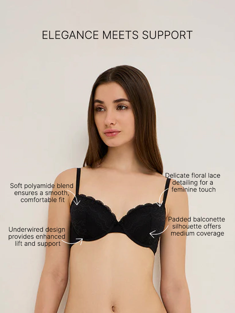 Wunderlove Black Floral Lace Design Underwired Bra