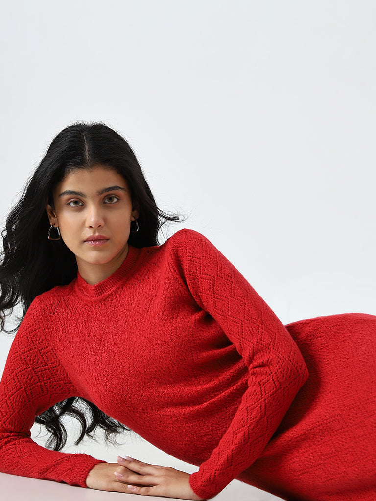 LOV Red Knit-Textured Straight Dress