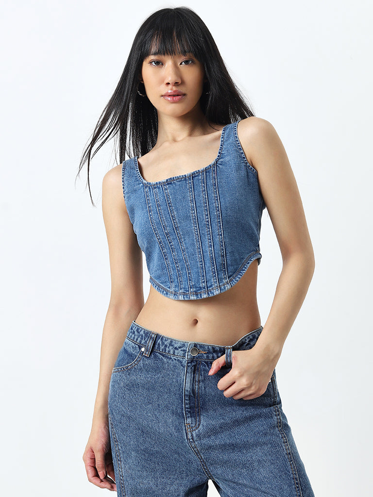 Buy Nuon Blue Corset Style Denim Crop Top from Westside