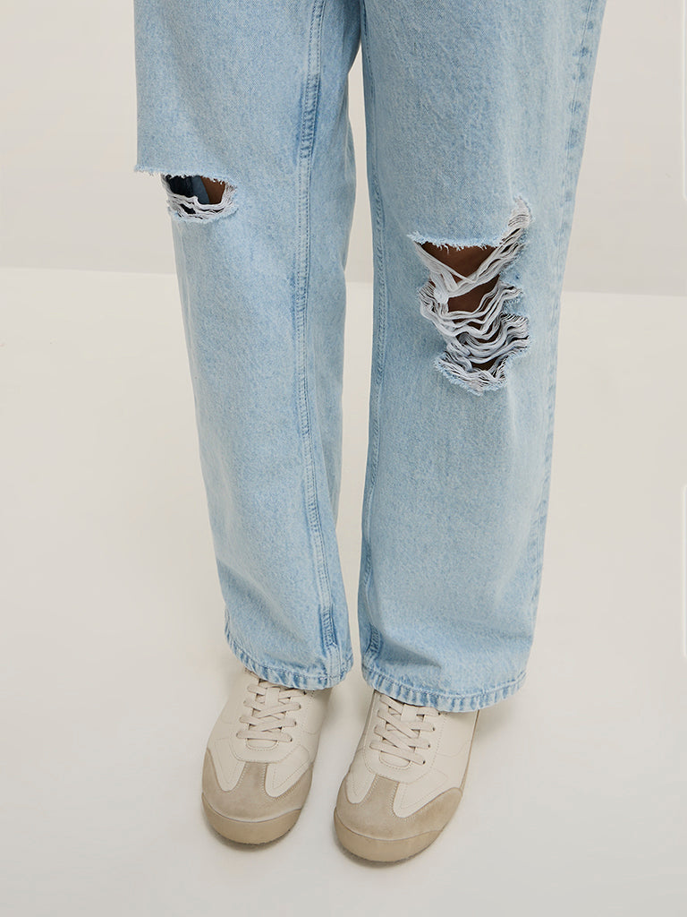 Nuon Light Blue Distressed Straight - Fit High - Rise Jeans