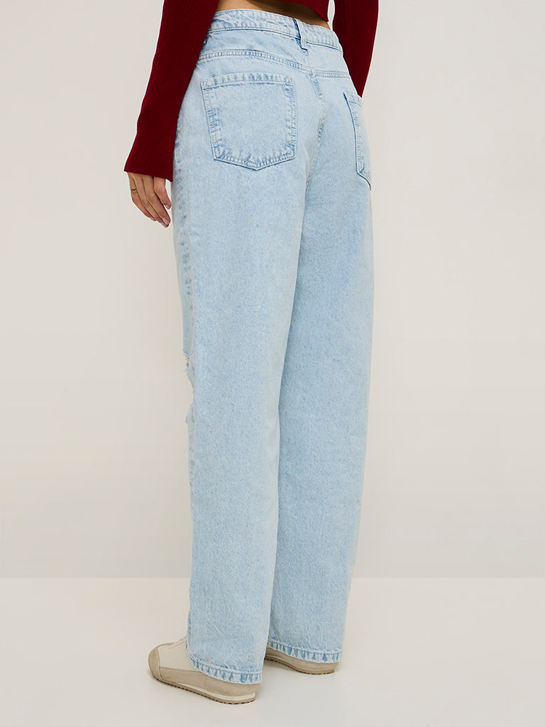 Nuon Light Blue Distressed Straight - Fit High - Rise Jeans