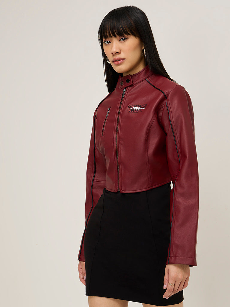 Nuon Burgundy Text Embossed Faux-Leather Jacket - Main Image