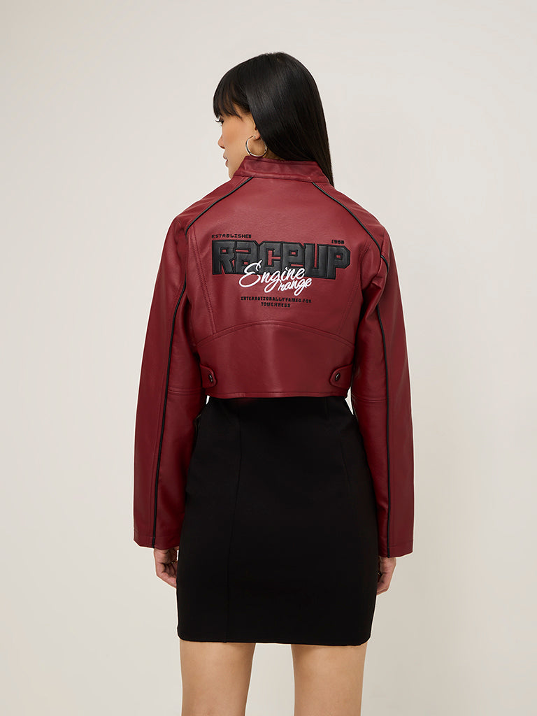 Nuon Burgundy Text Embossed Faux-Leather Jacket
