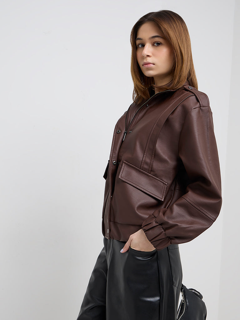 Buy Nuon Dark Brown Faux Leather Jacket from Westside